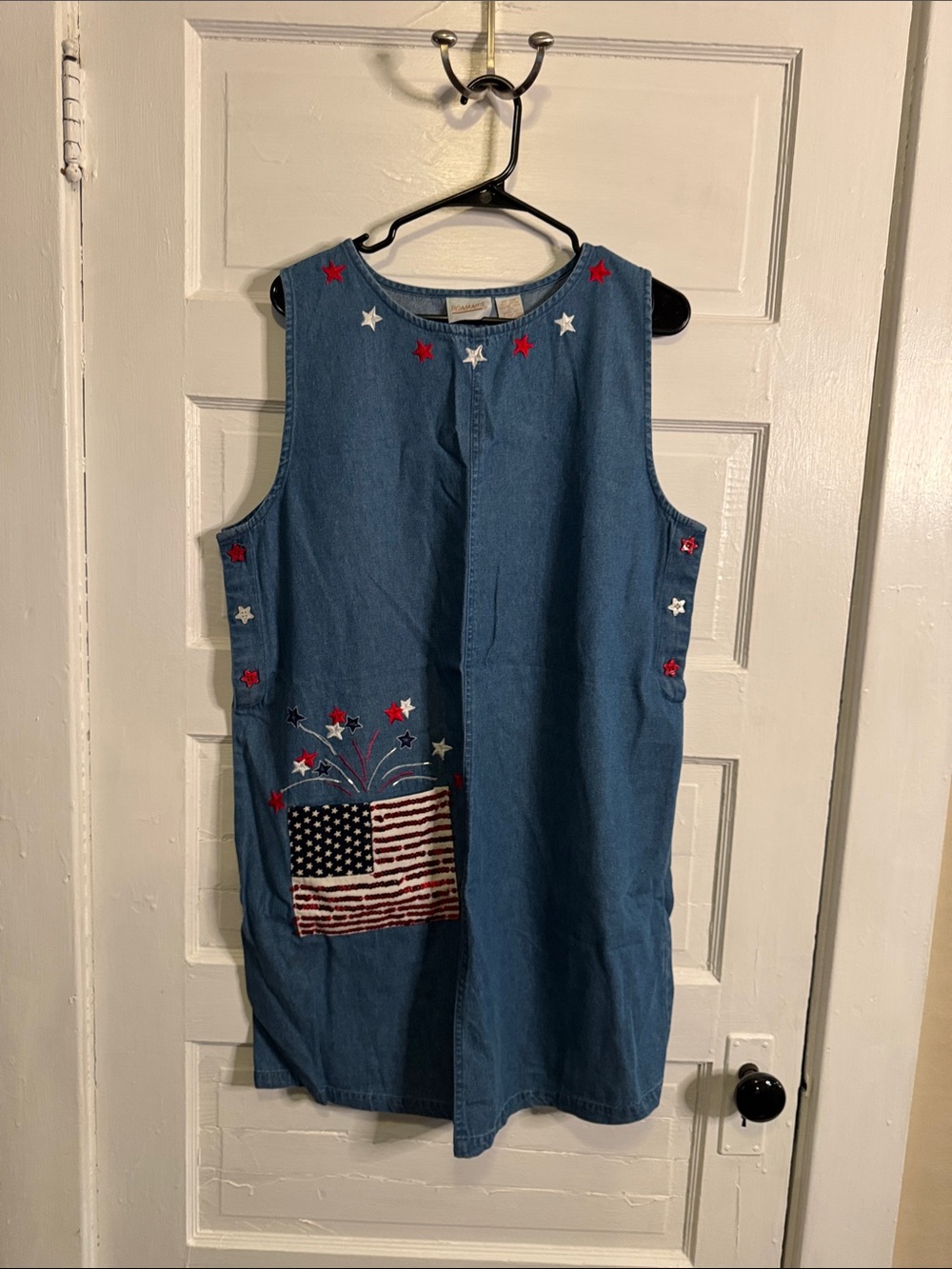 Roaman's Denim Sleeveless Dress with Patriotic Embroidery - Blue, Red, White
